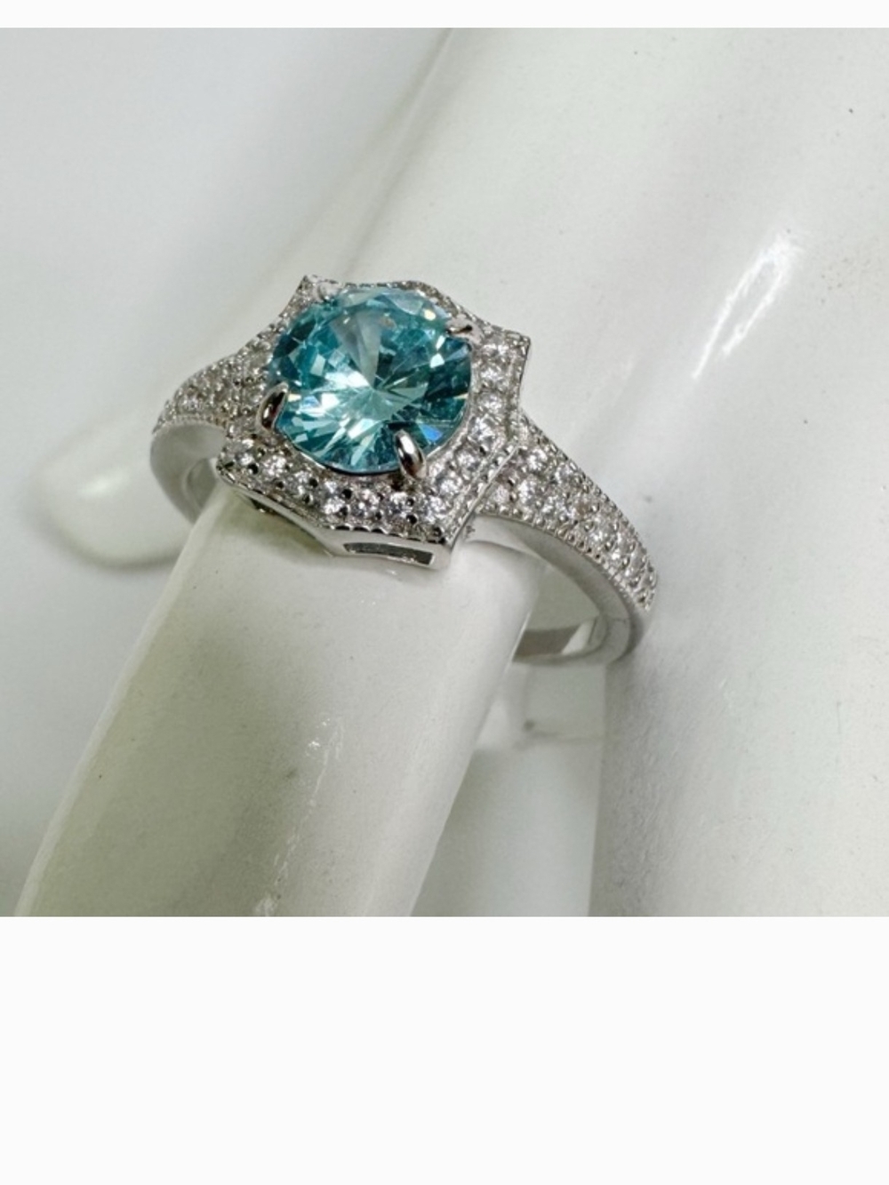 Aquamarine-Style Halo Pave Ring in Silver Tone